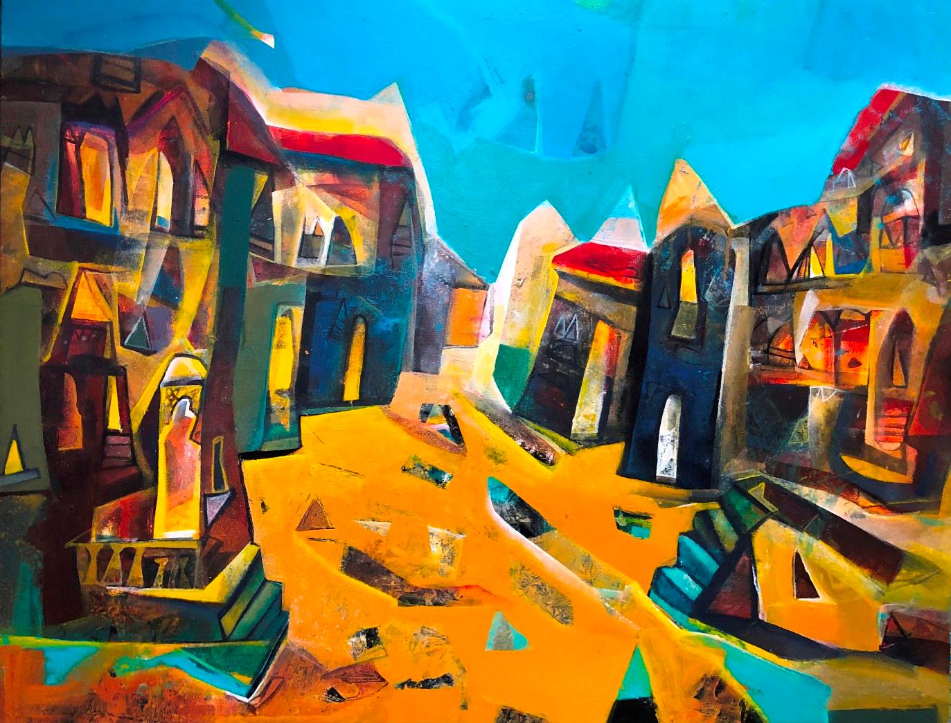 Cityscape, Acrylic on Canvas, Blue, Brown, Red by Indian Artist "In Stock" 