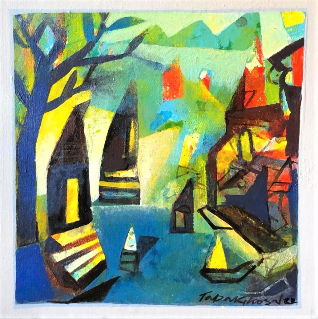 Paysage urbain, acrylique sur toile, bleu, rouge, jaune par l'artiste contemporain « en stock »