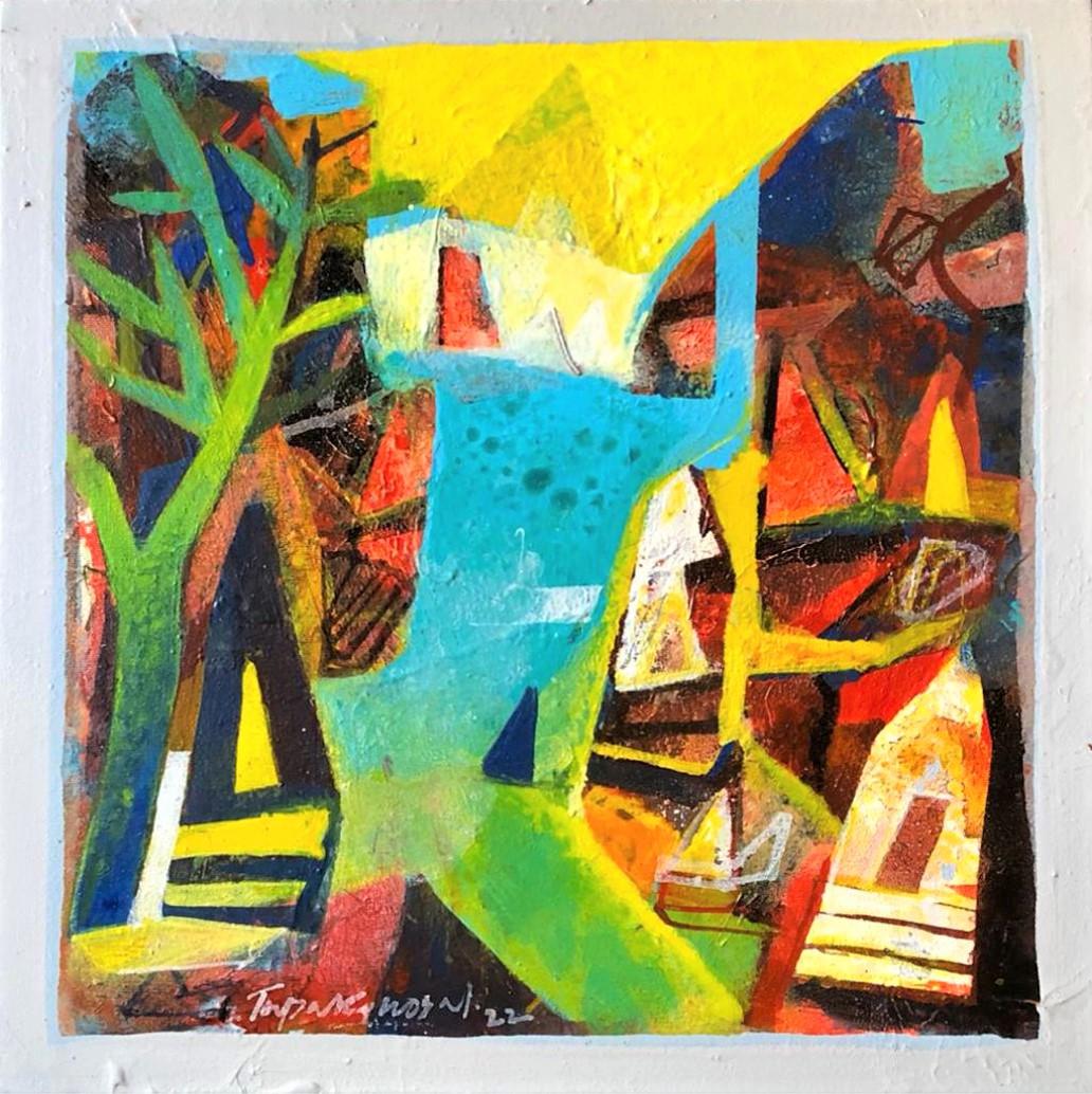 Paysage urbain, acrylique sur toile, bleu, rouge, jaune par l'artiste contemporain « en stock »