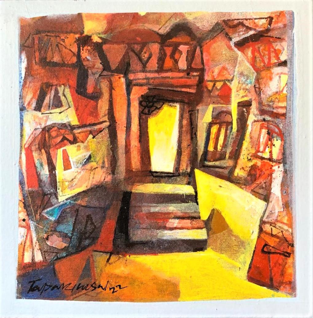 Tapas Ghosal Interior Painting - Cityscape, Acrylic on Canvas, Brown, Red by Contemporary Artist "In Stock"