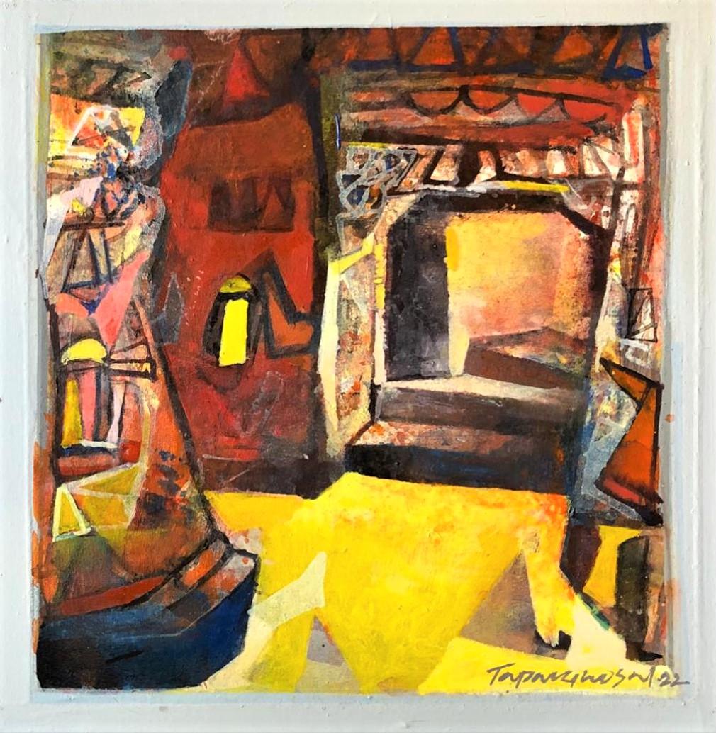 Abstract Painting Tapas Ghosal - Paysage urbain, acrylique sur toile, marron, rouge de l'artiste contemporain « en stock »