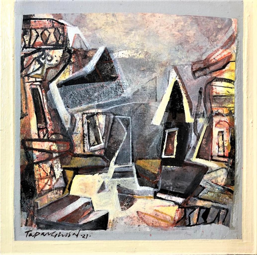 Cityscape, Acrylic on Canvas, Brown, Red, Grey by Contemporary Artist "In Stock"