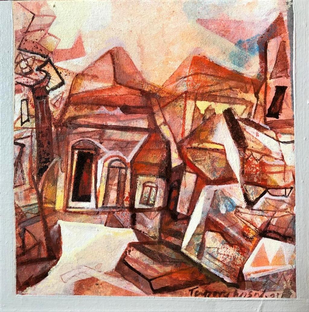 Tapas Ghosal Abstract Painting - Cityscape, Acrylic on Canvas, Brown, Red, Grey by Contemporary Artist "In Stock"