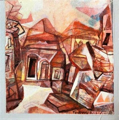 Cityscape, Acrylic on Canvas, Brown, Red, Grey by Contemporary Artist "In Stock"