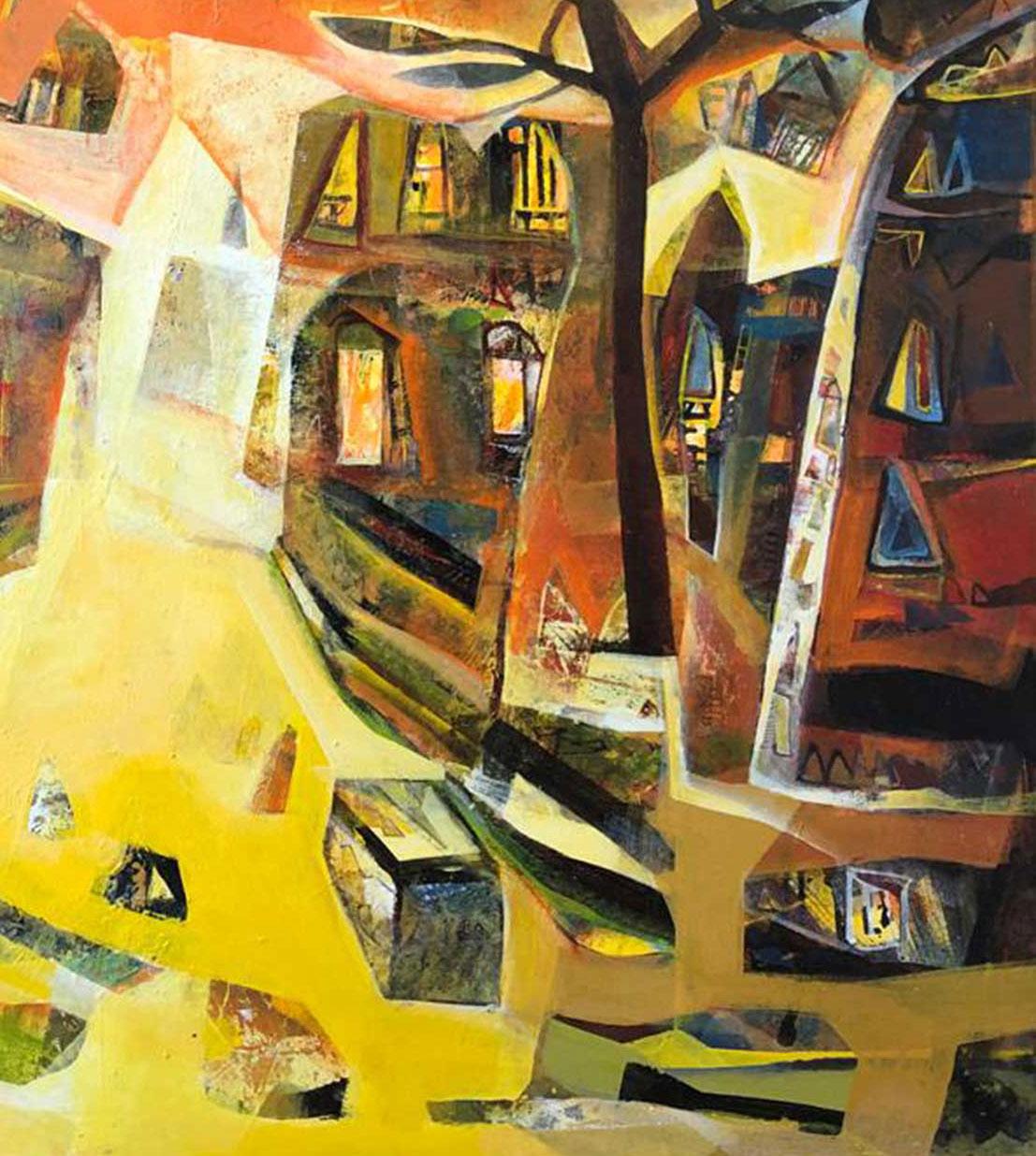 Cityscape, Benaras, Acrylic on Canvas, Yellow, Red, Blue, Indian Art 