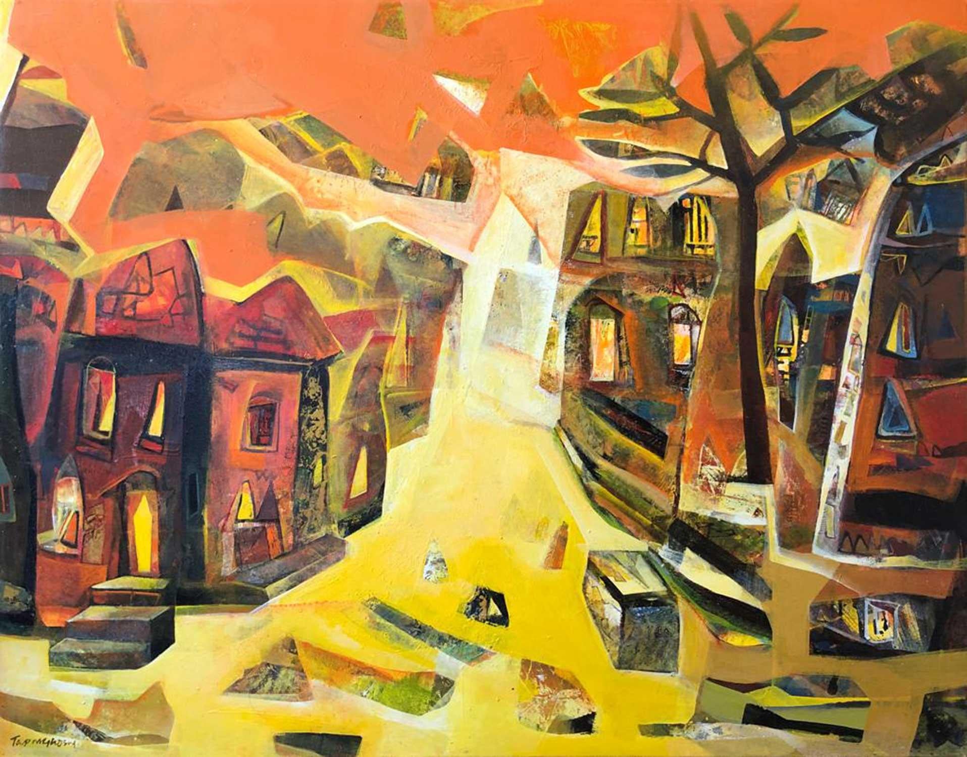 Tapas Ghosal Abstract Painting - Cityscape, Benaras, Acrylic on Canvas, Yellow, Red, Blue, Indian Art "In Stock"