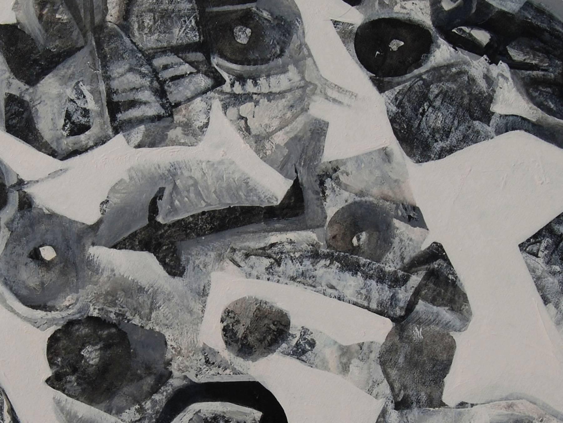 Rund, Stadtlandschaft, Schwarz-Weiß-Acryl, Ace Indian Contemporary Artist, „Auf Lager“ (Abstrakter Expressionismus), Painting, von Tapas Ghosal