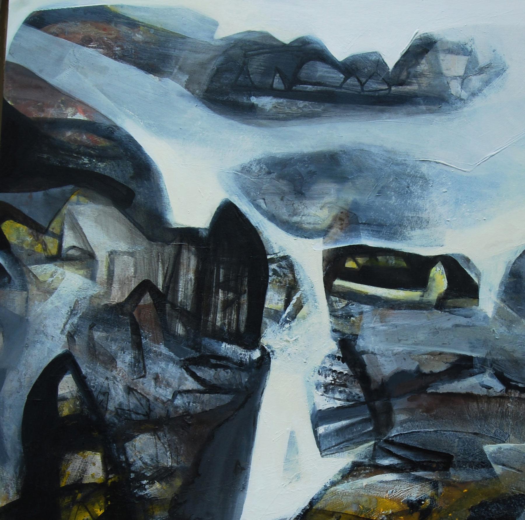 Paysages urbains de Benaras, abstrait, anthracite, acrylique, huile, blanc, bleu « en stock » - Noir Abstract Painting par Tapas Ghosal