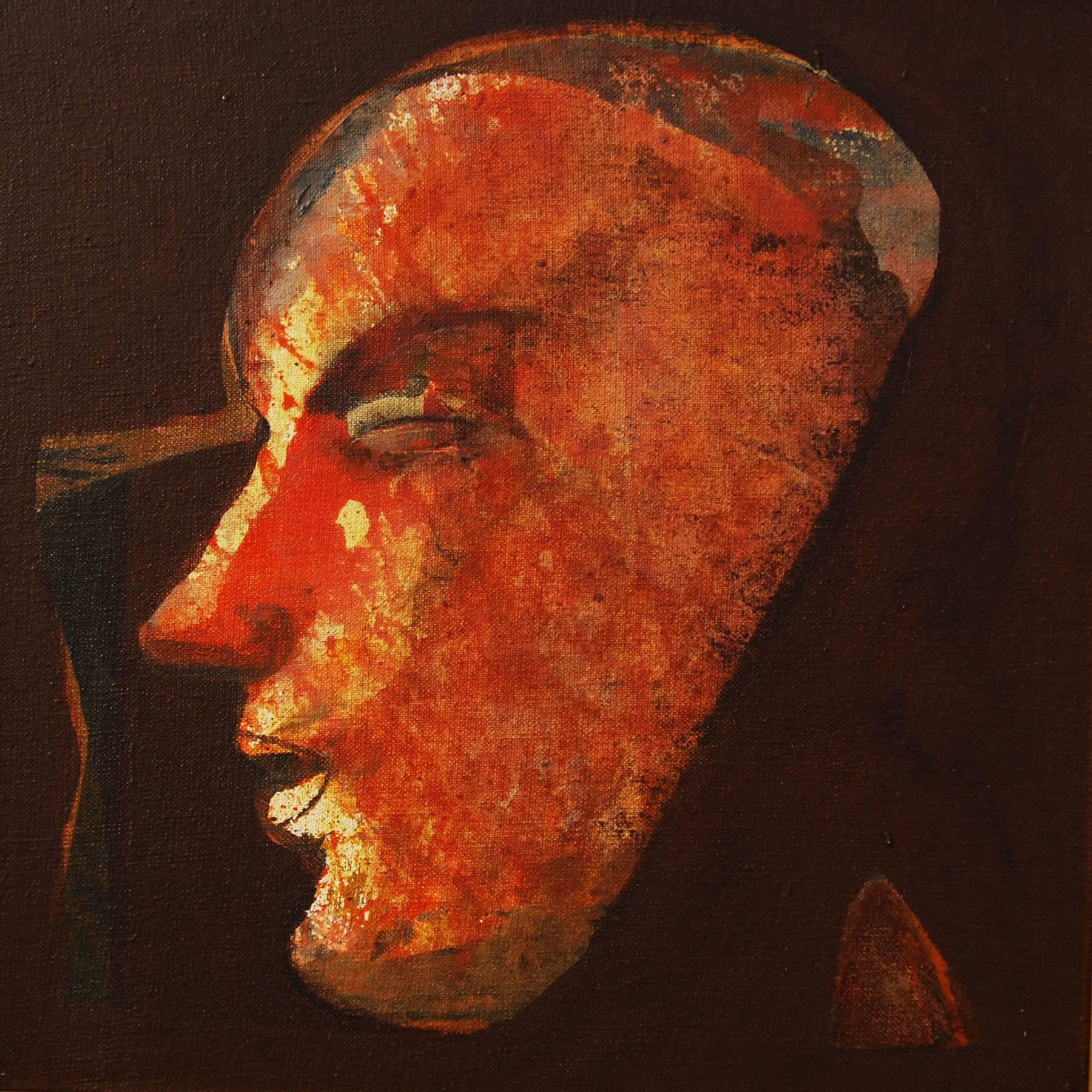 Face, acrylique sur toile, marron, rouge, jaune par l'artiste indien « en stock » - Painting de Tapas Ghosal