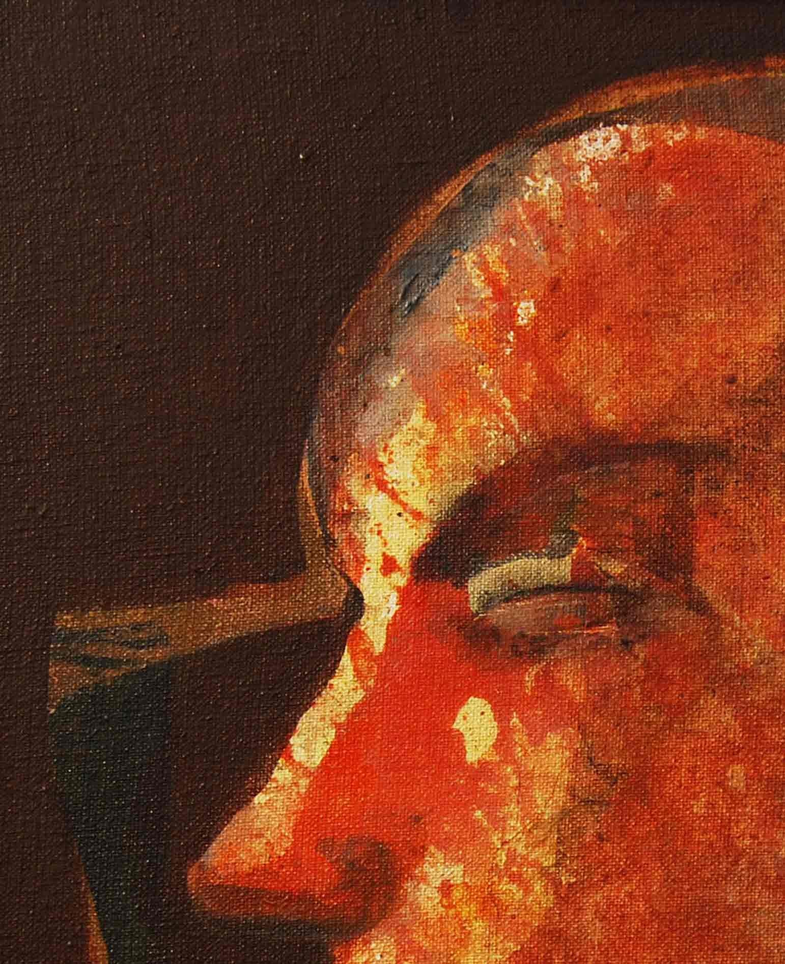 Face, acrylique sur toile, marron, rouge, jaune par l'artiste indien « en stock » - Contemporain Painting par Tapas Ghosal