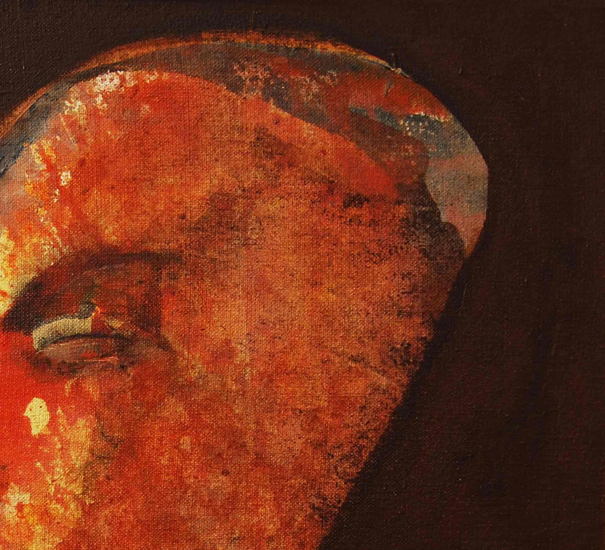 Face, acrylique sur toile, marron, rouge, jaune par l'artiste indien « en stock » - Jaune Portrait Painting par Tapas Ghosal