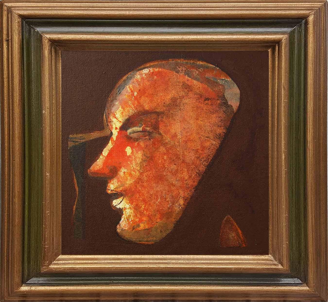 Portrait Painting Tapas Ghosal - Face, acrylique sur toile, marron, rouge, jaune par l'artiste indien « en stock »