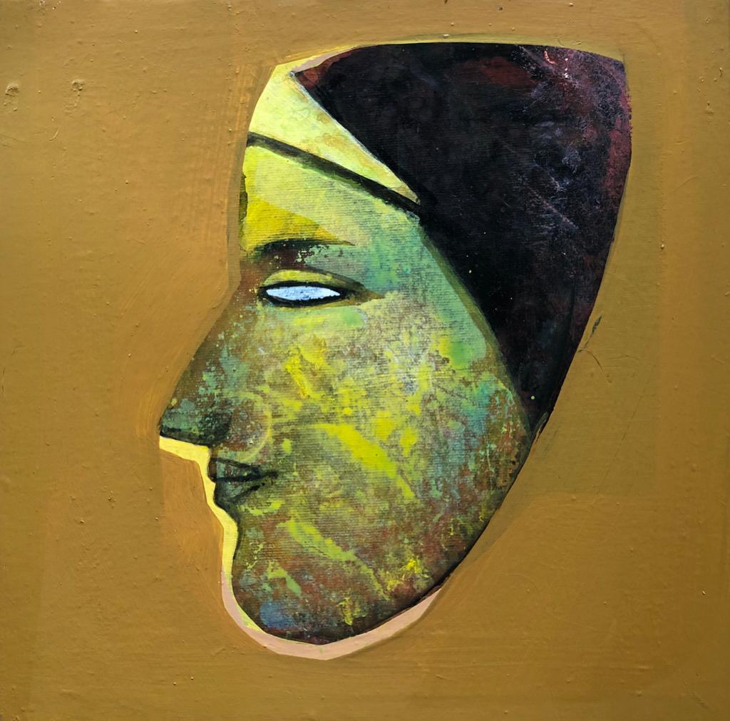 Tapas Ghosal Figurative Painting - Face, Devi, Acrylic on Canvas, Green, Brown, Yellow by Indian Artist "In Stock"