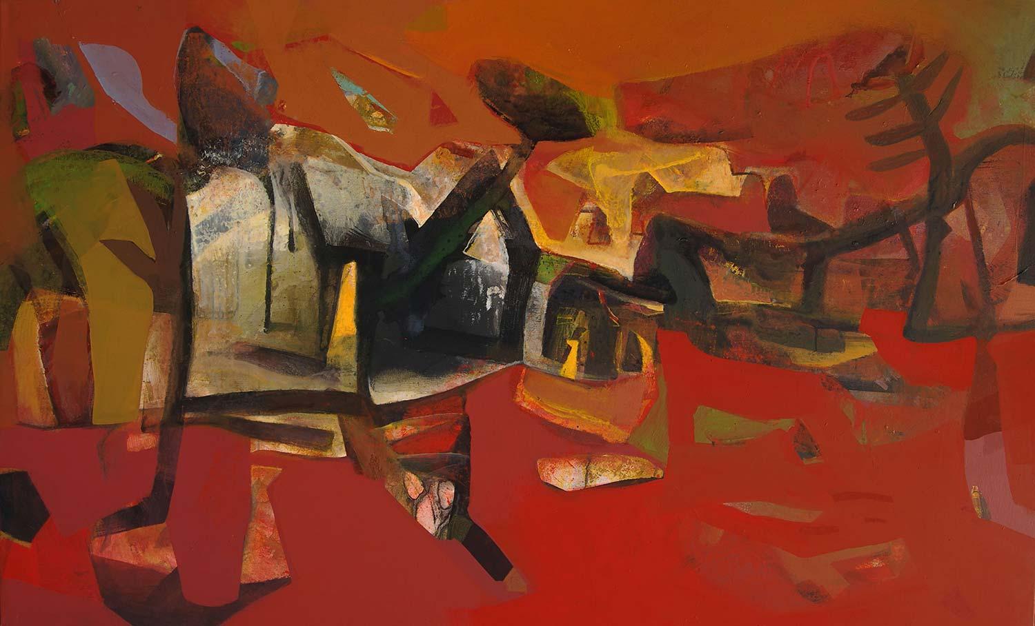 Tapas Ghosal Abstract Painting - Cityscape, Acrylic on Canvas, Red, Brown, Green color, Indian Artist "In Stock"