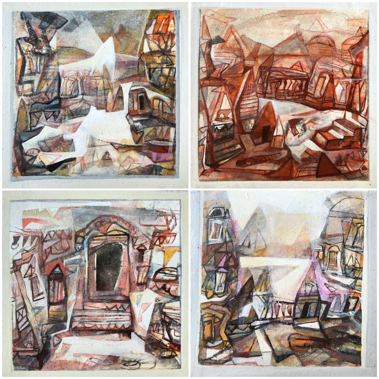 Tapas Ghosal Interior Painting - Set of Benaras Series, Acrylic on Canvas, Brown by Contemporary Artist"In Stock"