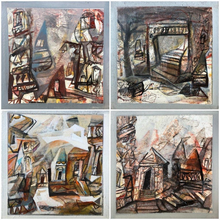 Tapas Ghosal Set Of Benaras Series Acrylic On Canvas Brown By
