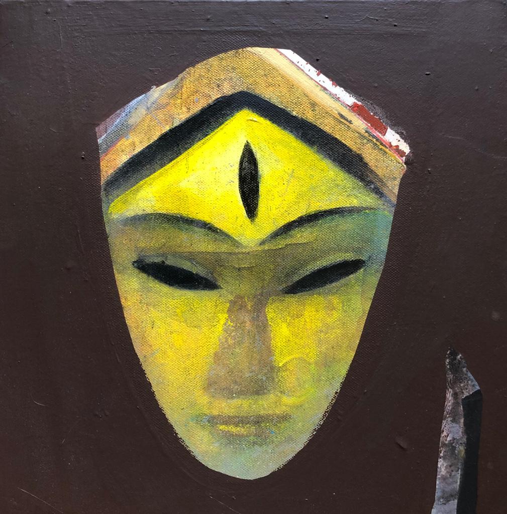 Set of Face, Devi, Acrylic on Canvas, Brown, Yellow by Indian Artist 