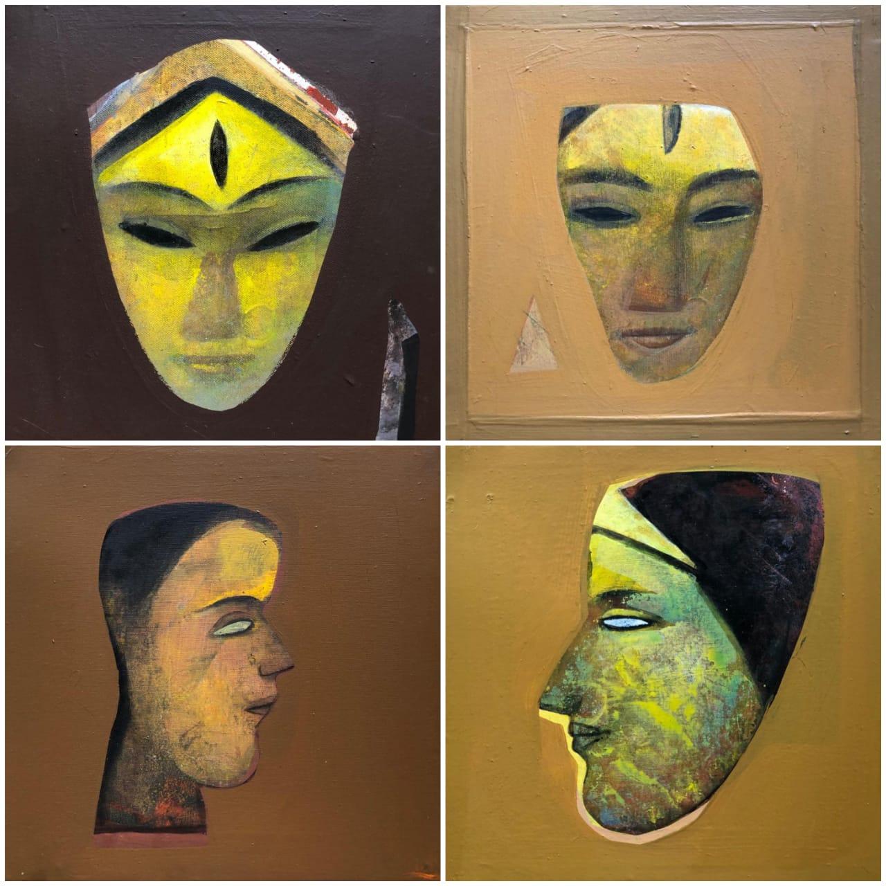 Tapas Ghosal Figurative Painting - Set of Face, Devi, Acrylic on Canvas, Brown, Yellow by Indian Artist "In Stock"