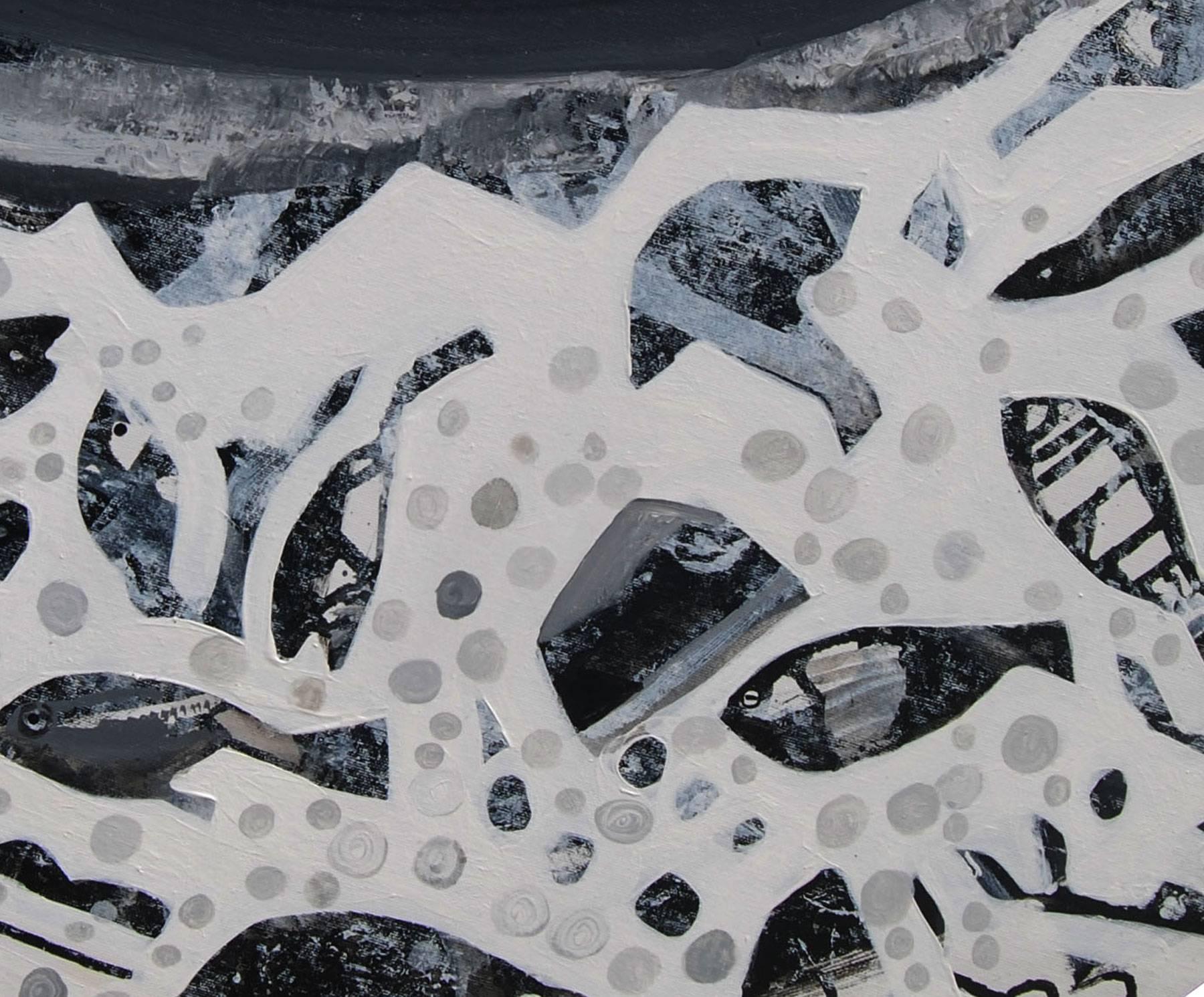 Schwarz-Weiß in Acryl, Stadtlandschaft, Landschaft, Schneefall, von einem indischen Künstler aus Spitze – Painting von Tapas Ghosal