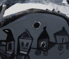 Paesaggio urbano, paesaggio, coperto di neve, in acrilico su tela dell'artista indiano