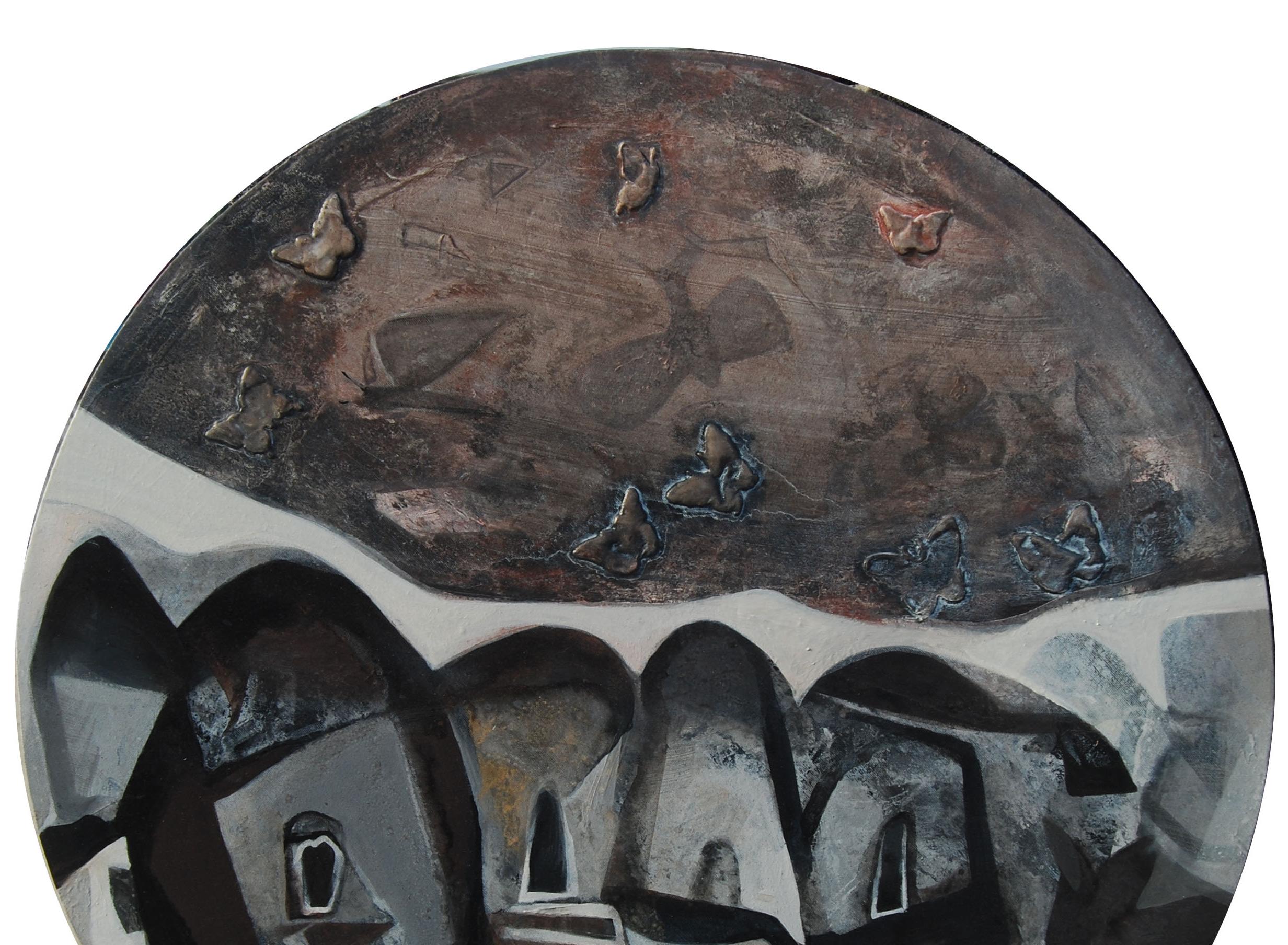 Redondo, Abstracto, Acrílico, Pastel, Pigmento, Lienzo, Marrón, Negro, Blanco 