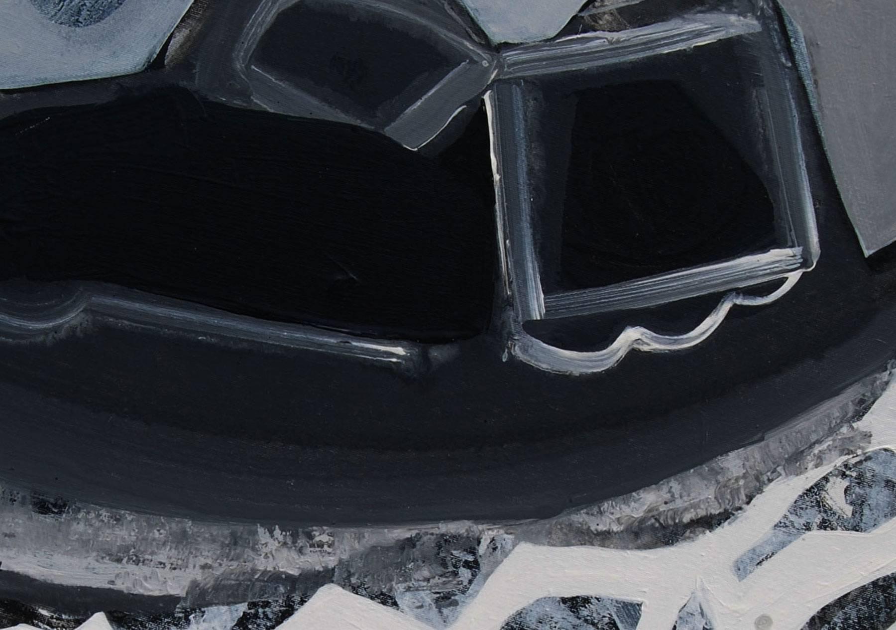 Noir et blanc en acrylique, paysage urbain, paysage, chute de neige, par l'artiste indien par dentelle - Expressionnisme abstrait Painting par Tapas Ghosal