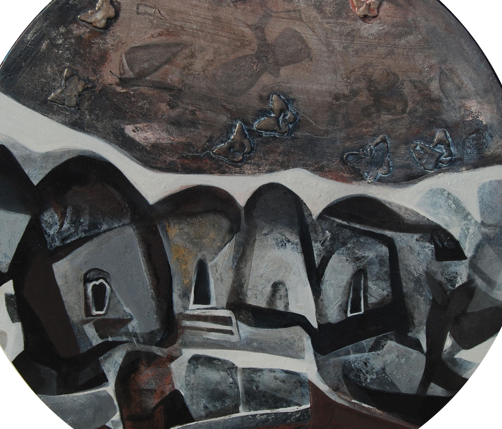 Redondo, Abstracto, Acrílico, Pastel, Pigmento, Lienzo, Marrón, Negro, Blanco 