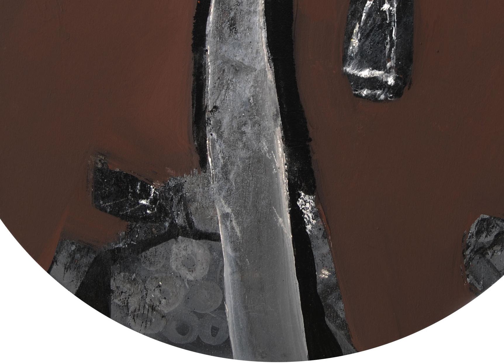 Abstracto, Redondo, Acrílico, Pastel, Pigmento sobre lienzo, Marrón, Negro, Gris 