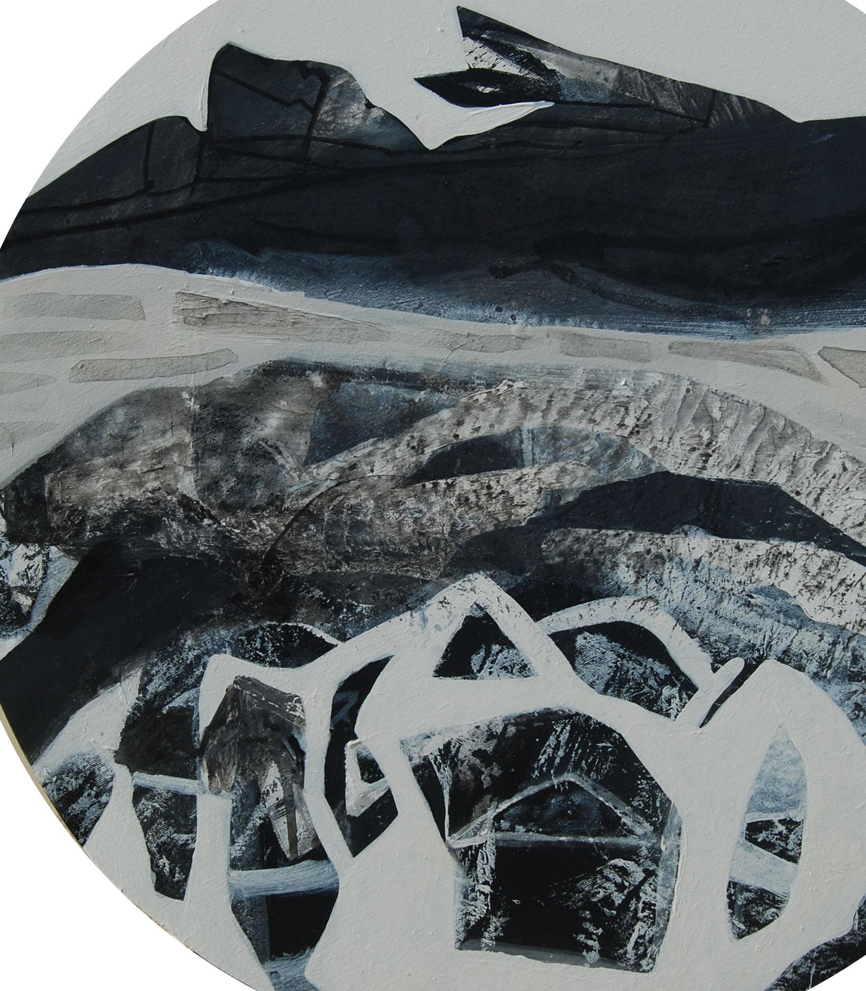 Abstrakt Abstrakt, Rund, Acryl, Pastell, Pigment, Leinwand, Blau, Schwarz, Weiß „“Auf Lager“ im Angebot 2