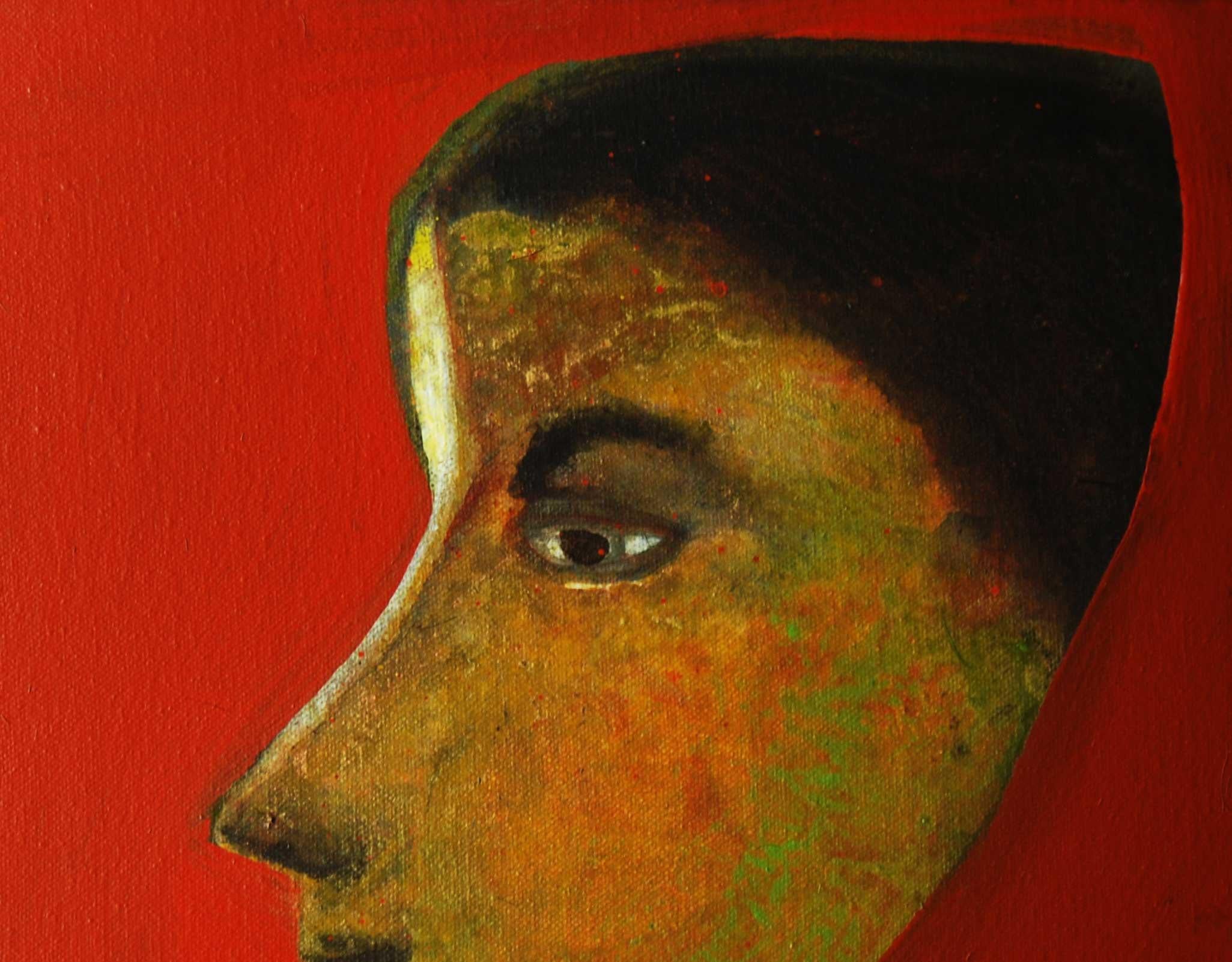 Woman Face, Acrylic Oil Canvas, Red, Brown, Green Color, Indian Artist