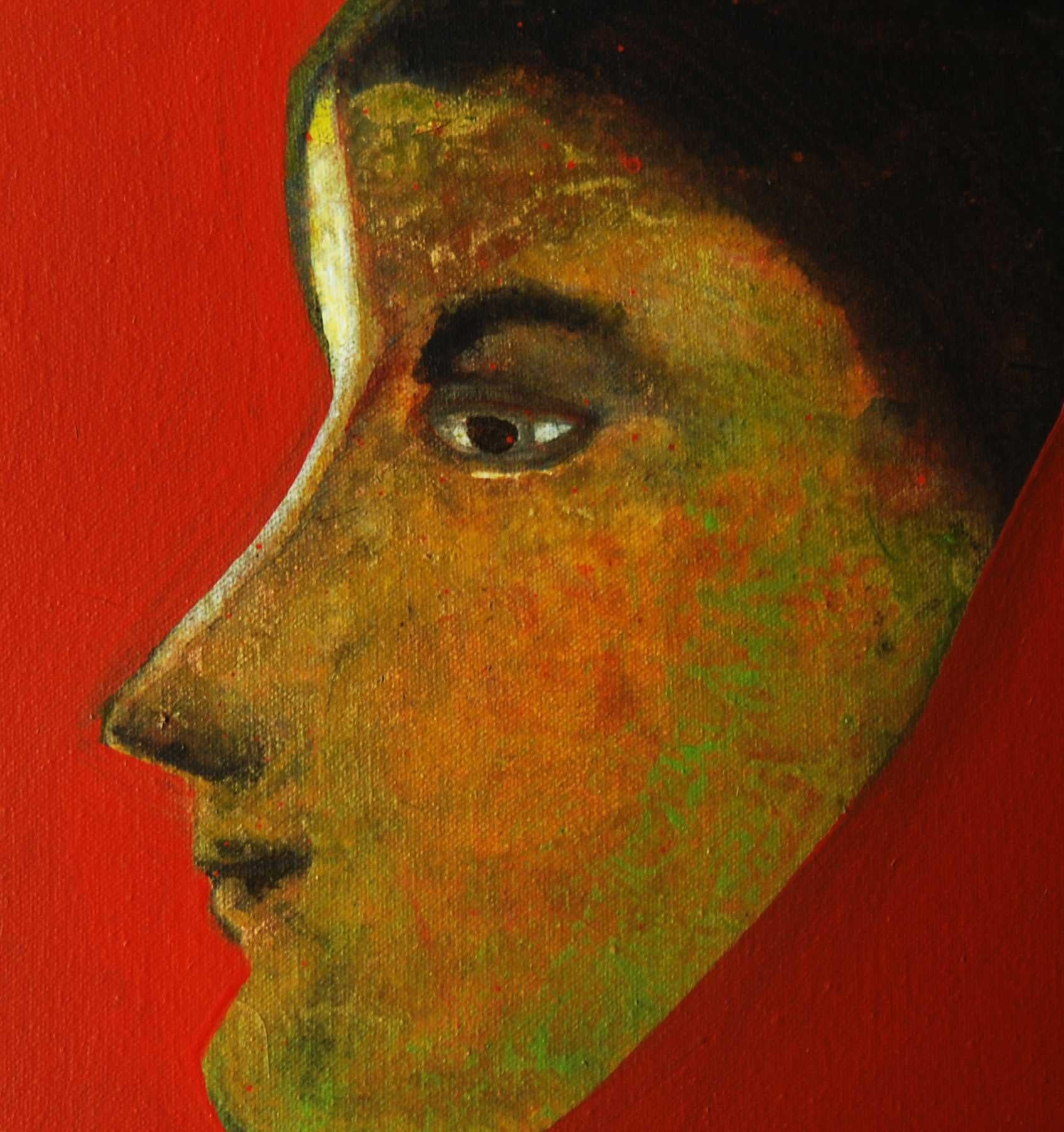 Woman Face, Acrylic Oil Canvas, Red, Brown, Green Color, Indian Artist