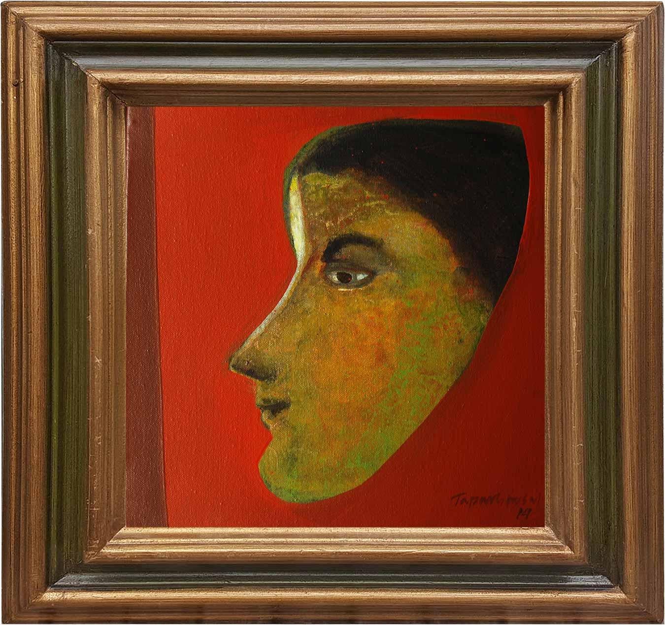 Tapas Ghosal Portrait Painting - Woman Face, Acrylic Oil Canvas, Red, Brown, Green Color, Indian Artist"In Stock"