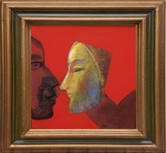 Woman with Mask, Acrylic on Canvas, Red, Brown, Bluecolors, Indian Art"In Stock"