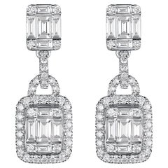 Taper Baguette Round Diamond Cluster Dangle Earring in 18 Karat White Gold