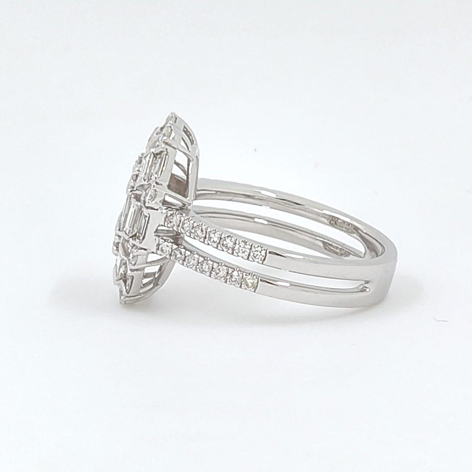 Contemporary Taper Baguette Round Diamond Cluster Ring in 18 Karat White Gold For Sale