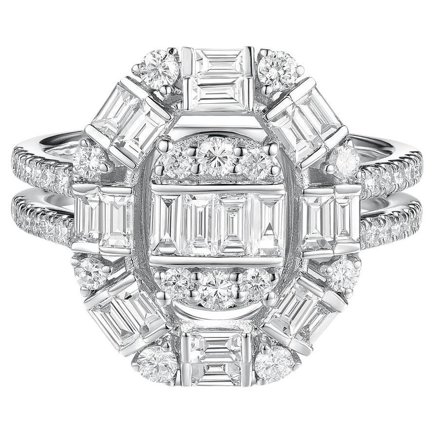 Taper Baguette Round Diamond Cluster Ring in 18 Karat White Gold For Sale