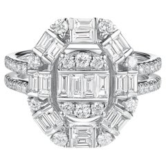 Bague en or blanc 18 carats avec grappe de diamants ronds taille baguette