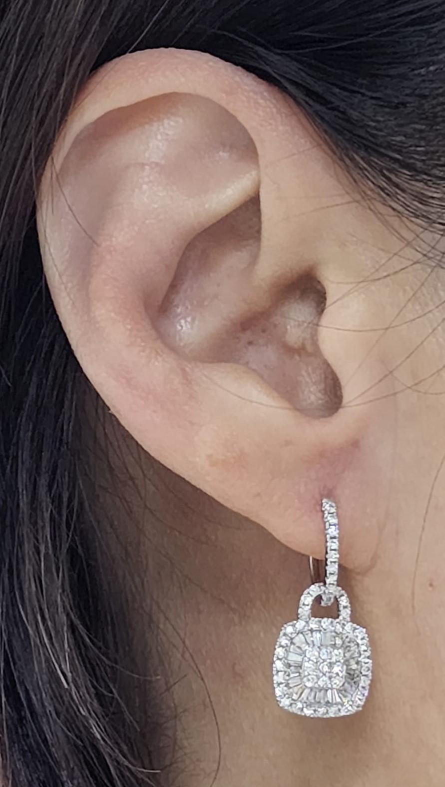 Contemporary Taper Baguette Round Diamond Drop Earrings in 14 Karat White Gold