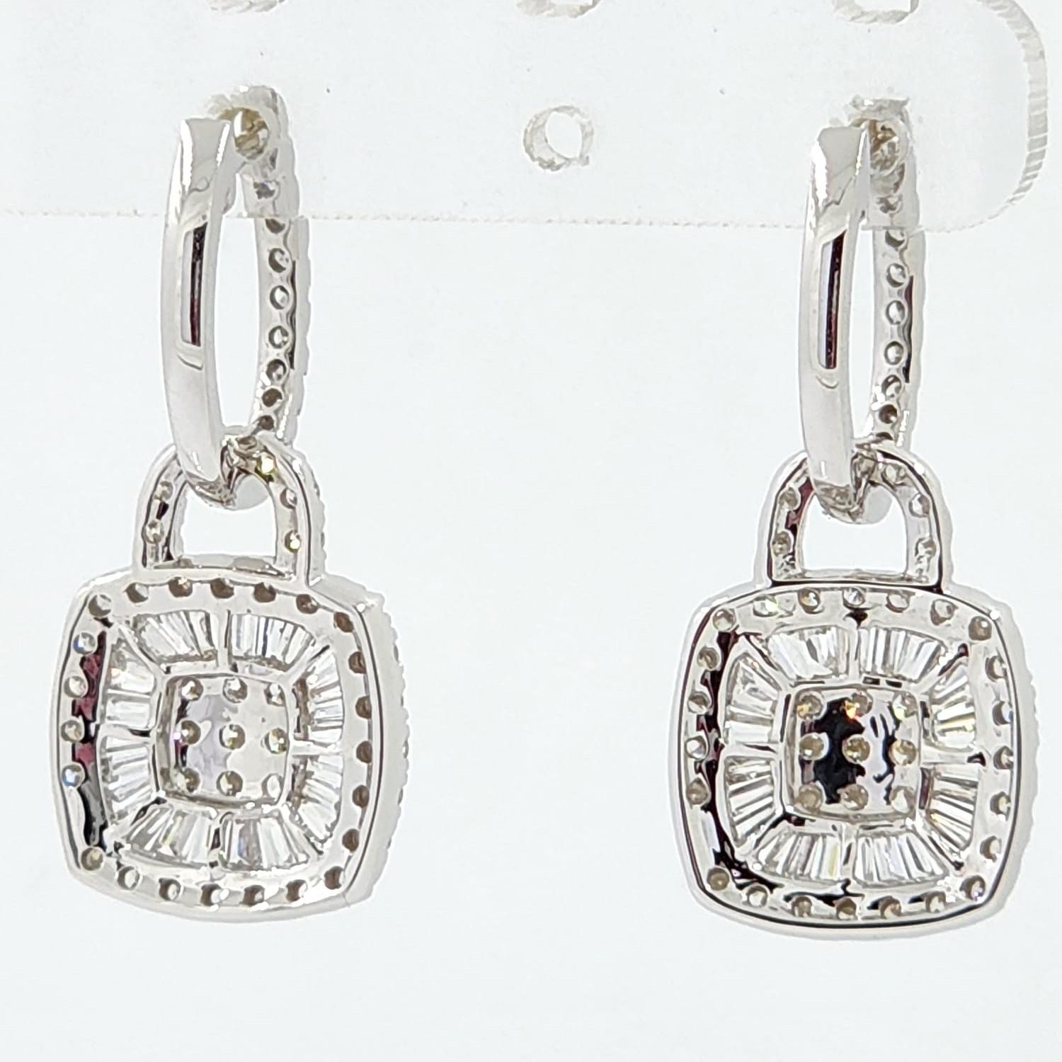 Baguette Cut Taper Baguette Round Diamond Drop Earrings in 14 Karat White Gold