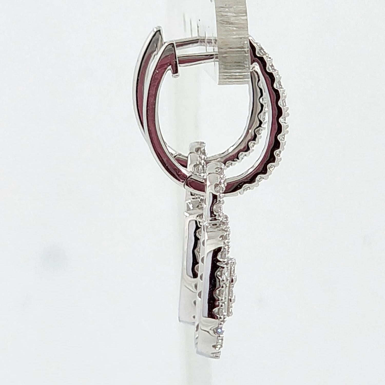 Taper Baguette Round Diamond Drop Earrings in 14 Karat White Gold In New Condition In Hong Kong, HK