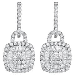 Taper Baguette Round Diamond Drop Earrings in 14 Karat White Gold