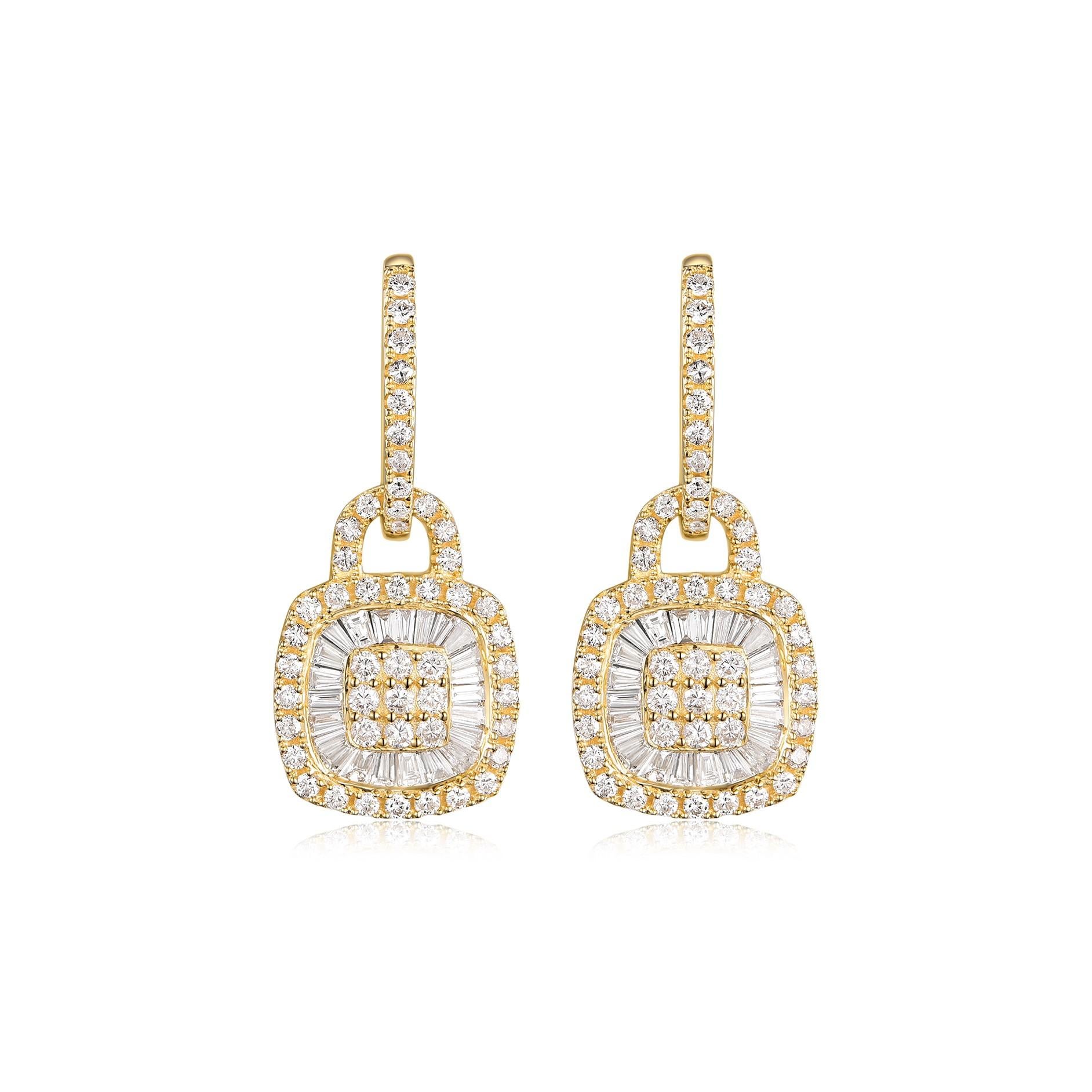 Contemporary Taper Baguette Round Diamond Drop Earrings in 14 Karat Yellow Gold For Sale