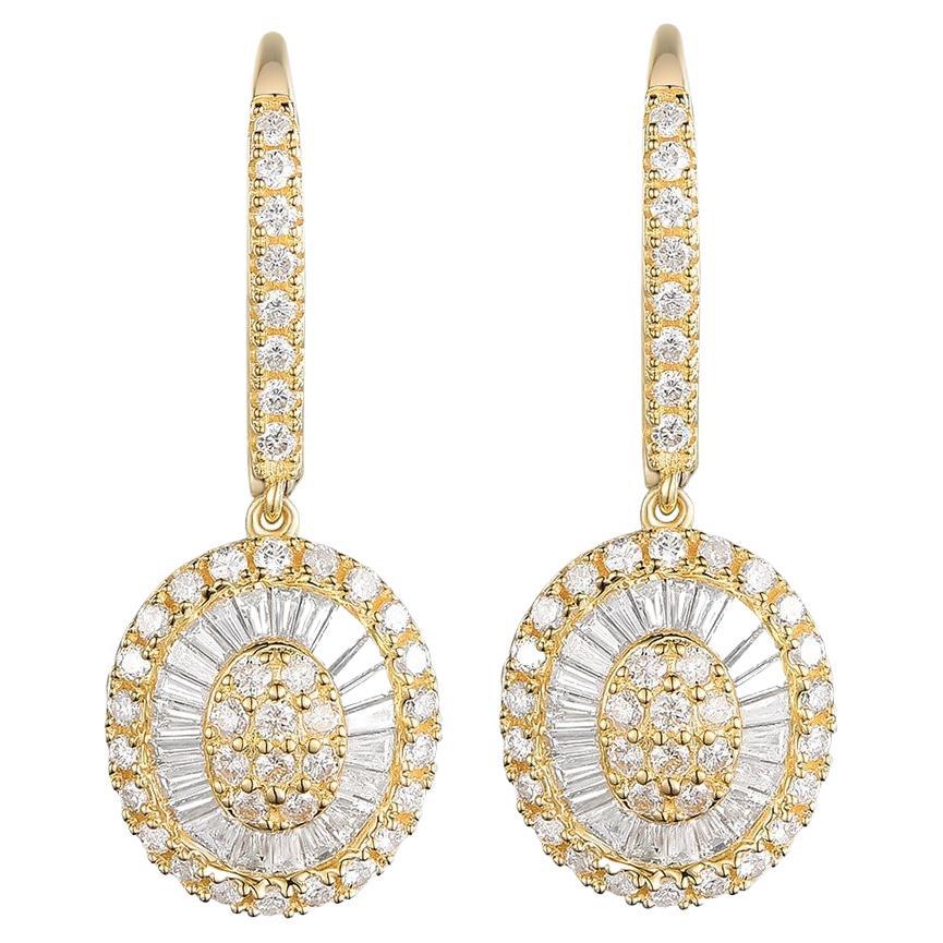 Taper Baguette Round Diamond Drop Earrings in 14 Karat Yellow Gold For Sale