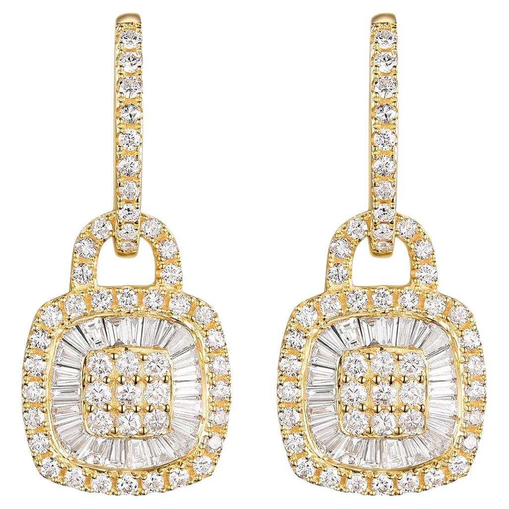Taper Baguette Round Diamond Drop Earrings in 14 Karat Yellow Gold For Sale