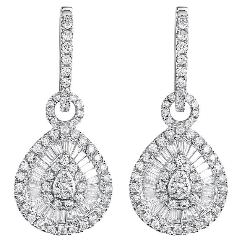 Taper Baguette Round Diamond Drop Shape Earrings in 18 Karat White Gold
