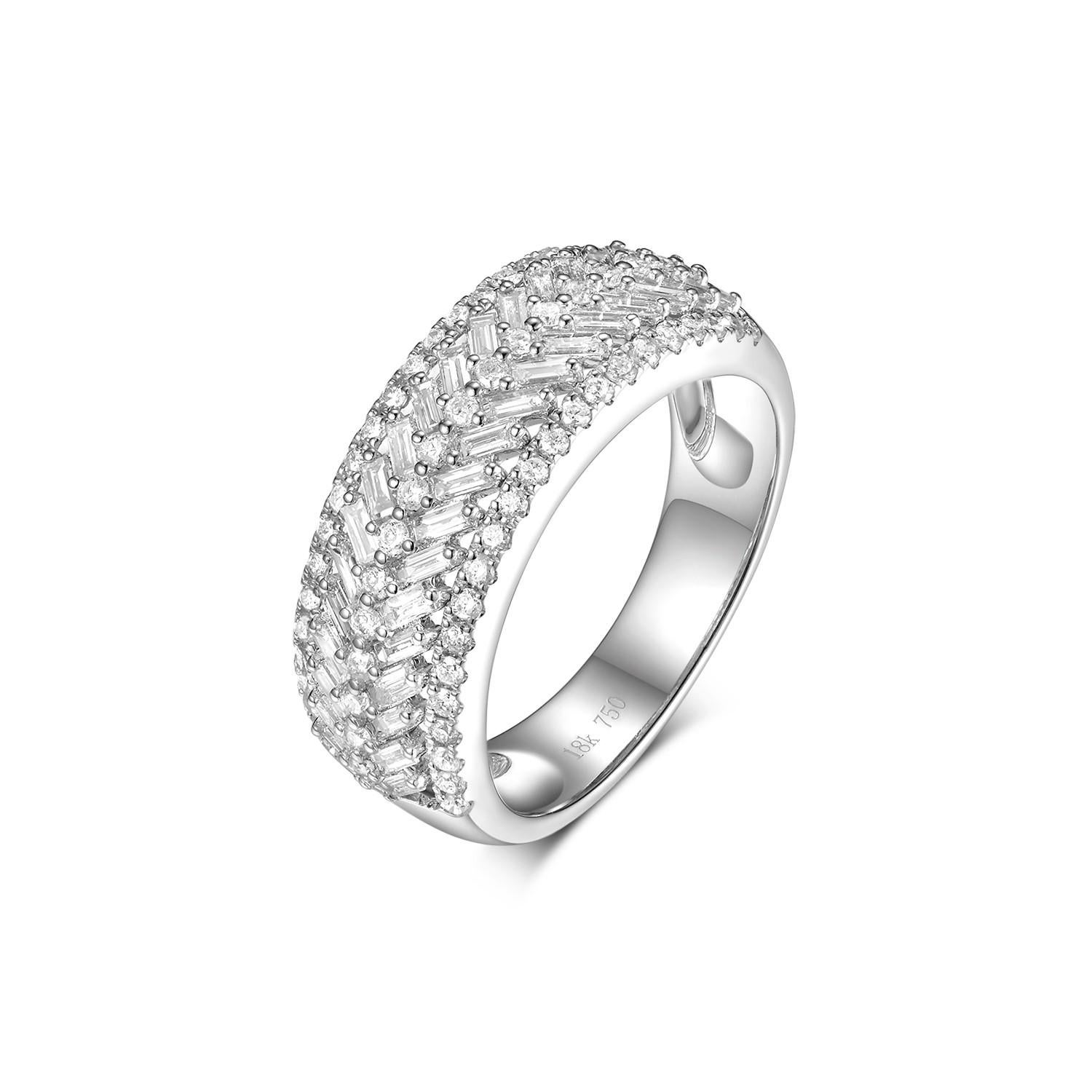 This half diamond band ring features 0.54 carat of baguette diamonds and 0.39 carat of round diamonds. Diamonds are set in 18 karat white gold. Great for everyday use and it is stack-able with other thinner band rings. 

US 6.5
Resizing is