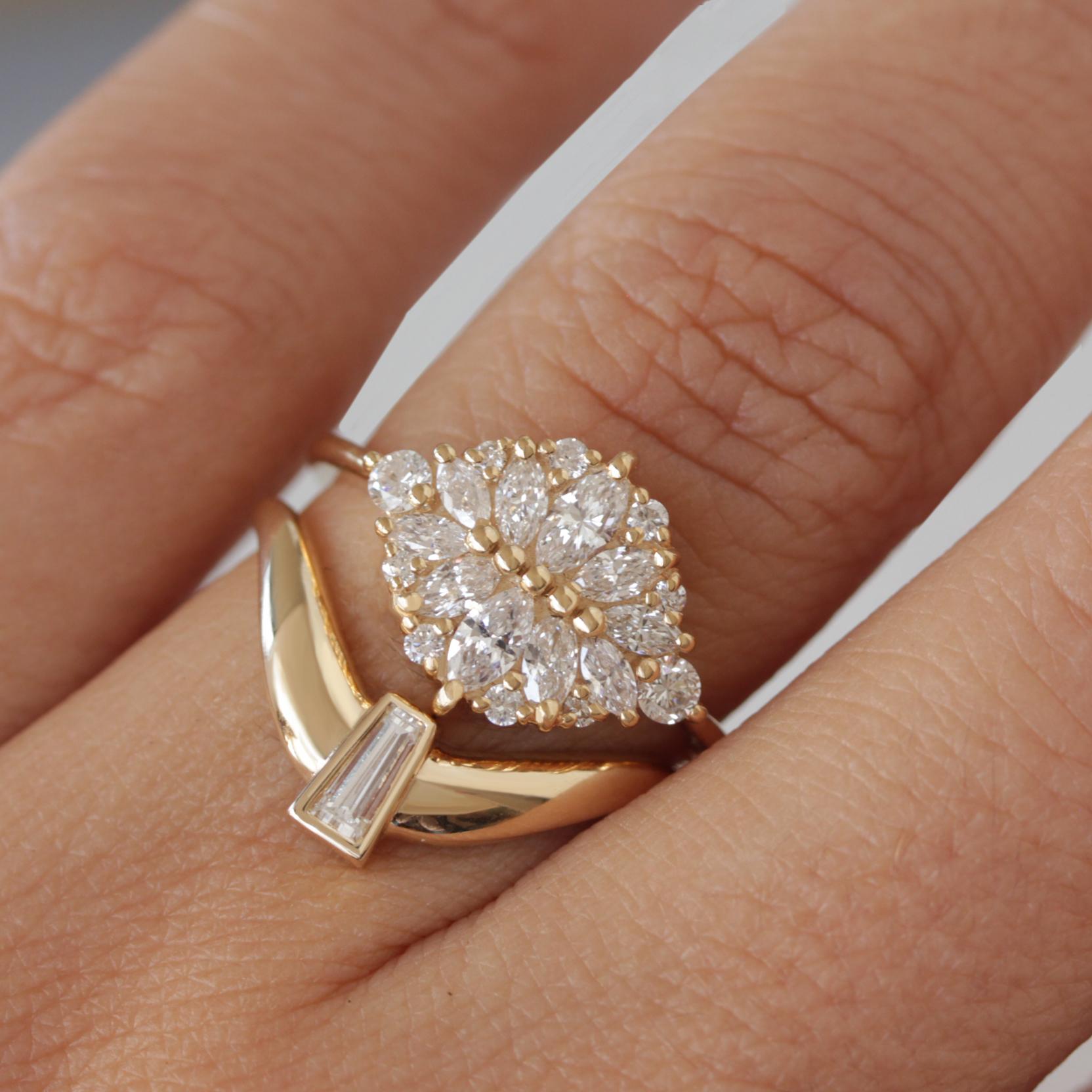 For Sale:  Taper Diamond Bezel Chunky Gold Curve Sideband Wedding Ring 2