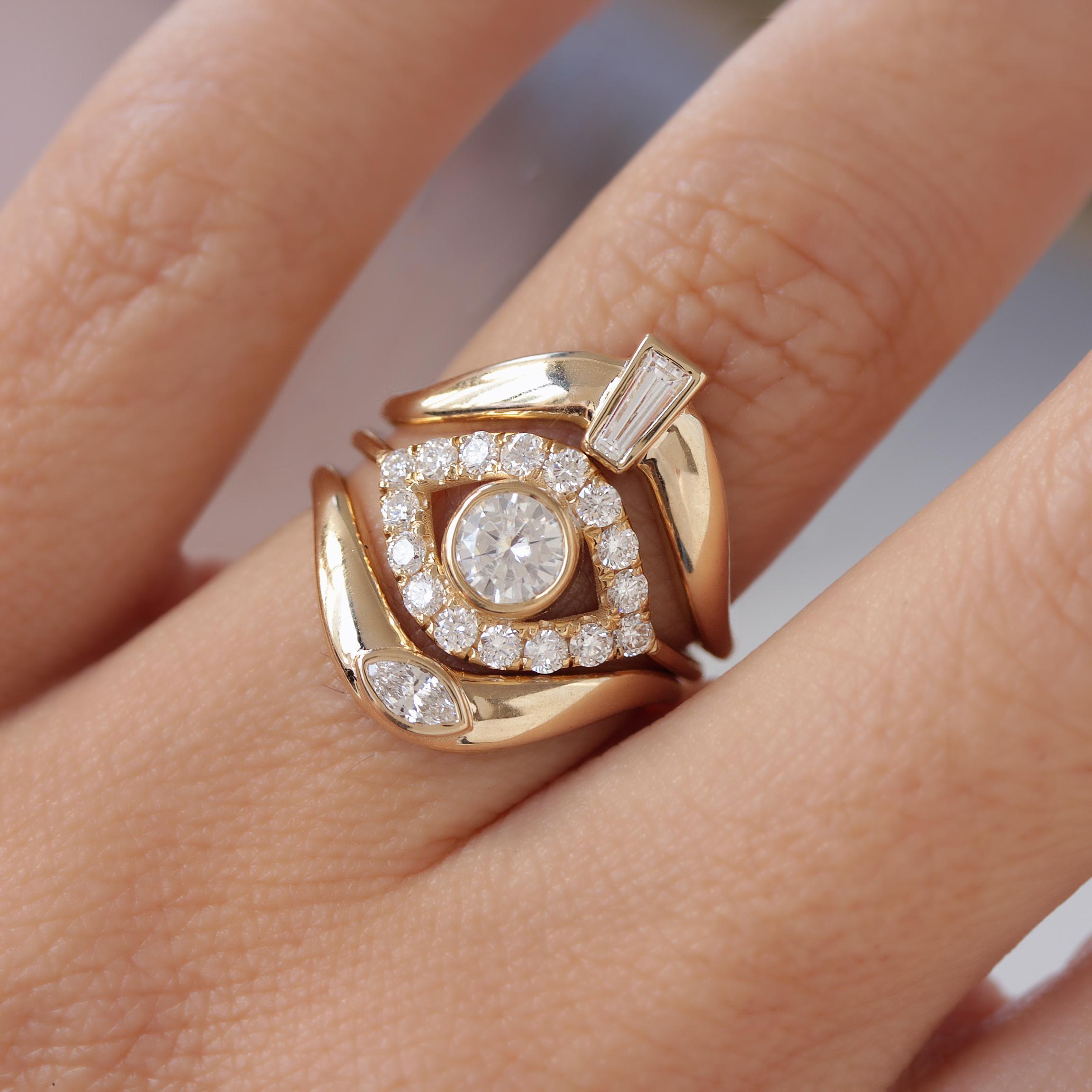 For Sale:  Taper Diamond Bezel Chunky Gold Curve Sideband Wedding Ring 3