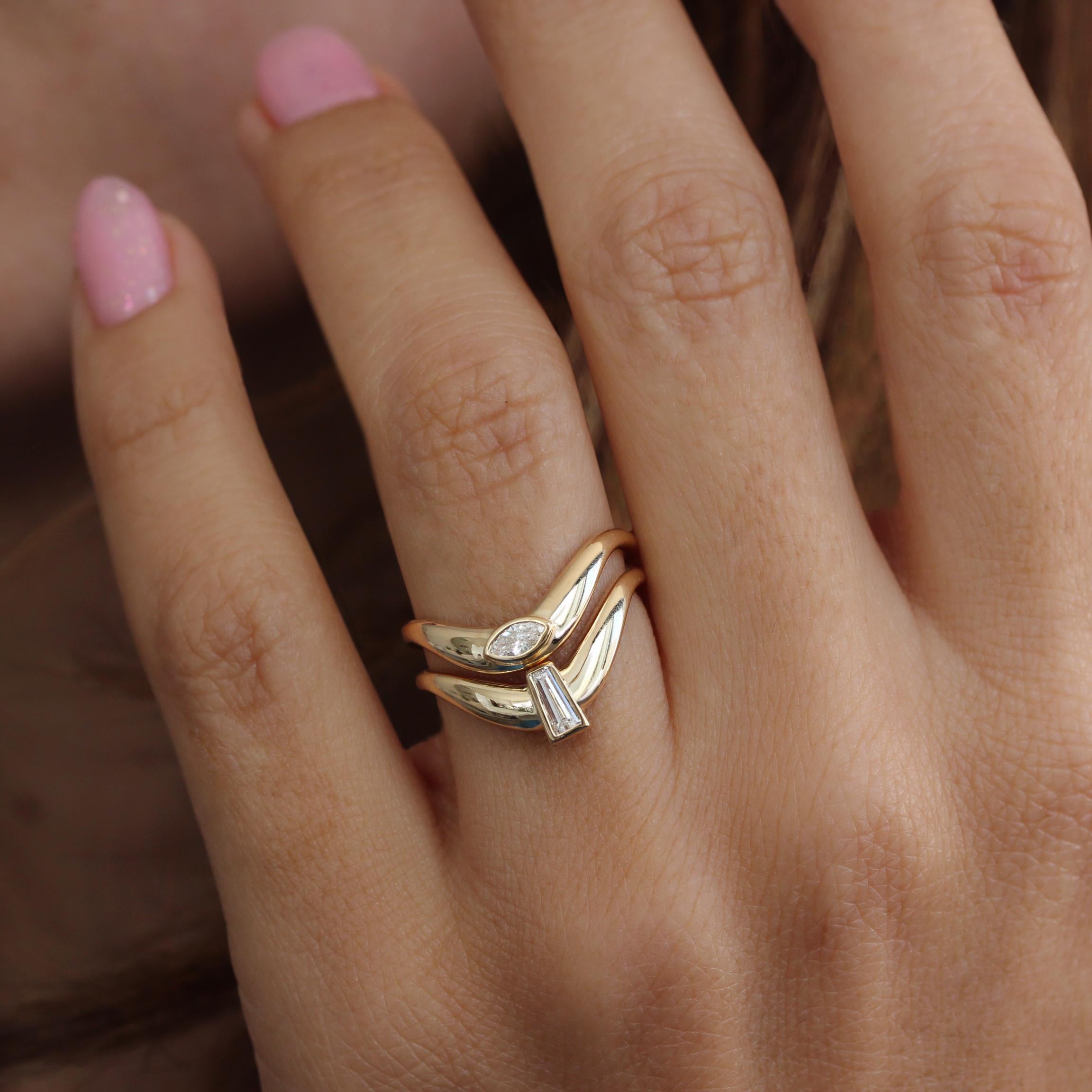 For Sale:  Taper Diamond Bezel Chunky Gold Curve Sideband Wedding Ring 4