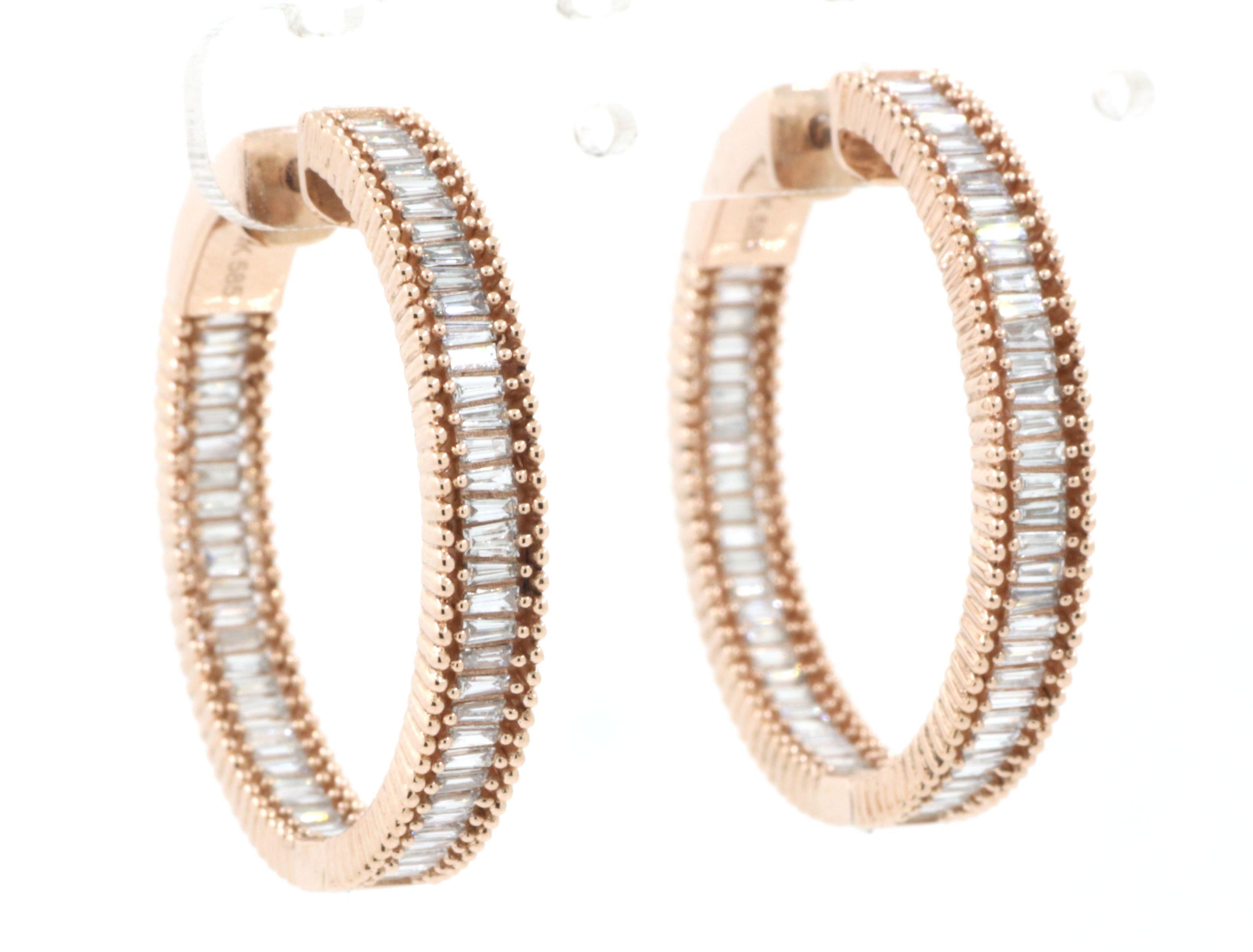 18K Rose Gold Hoop Earrings with 1.43 Carat Tapered Diamonds In New Condition For Sale In Hong Kong, HK